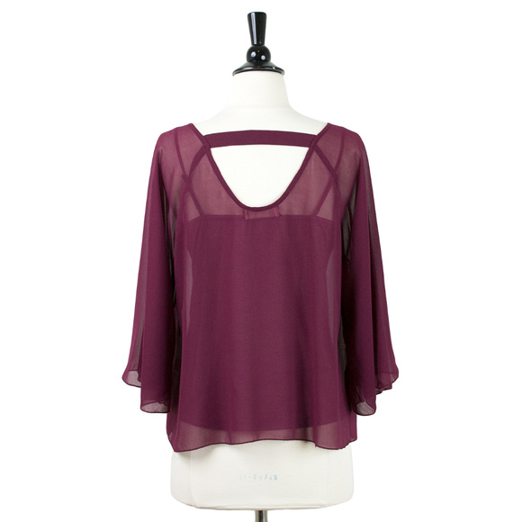 ▪️TRAFFIC PEOPLE Burgundy Semi-Sheet Chiffon Bell Sleeve Top 3/4 Sleeve … - Picture 3 of 4
